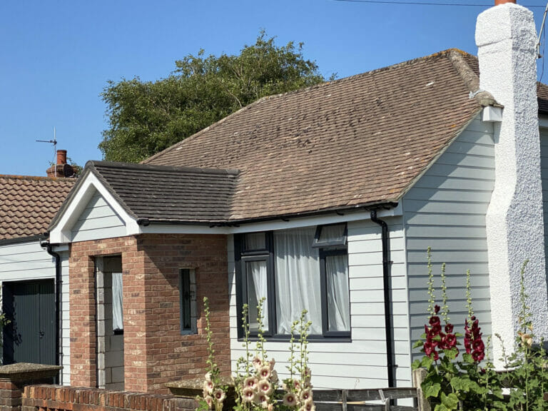 Domestic, James Hardie cladding, Colour - Light mist. New front porch roof, Hayling Island